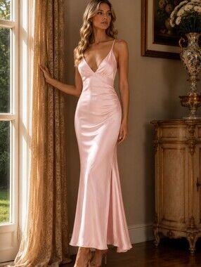 NWT Selfie Leslie Blush Pink Satin Maxi Dress Evening Gown Bridesmaid Medium M